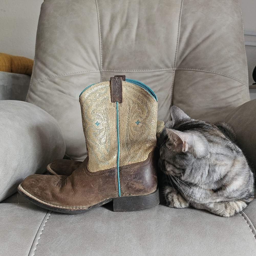 Ariat brown leather golden decor embroidered square toe western boots sz 4